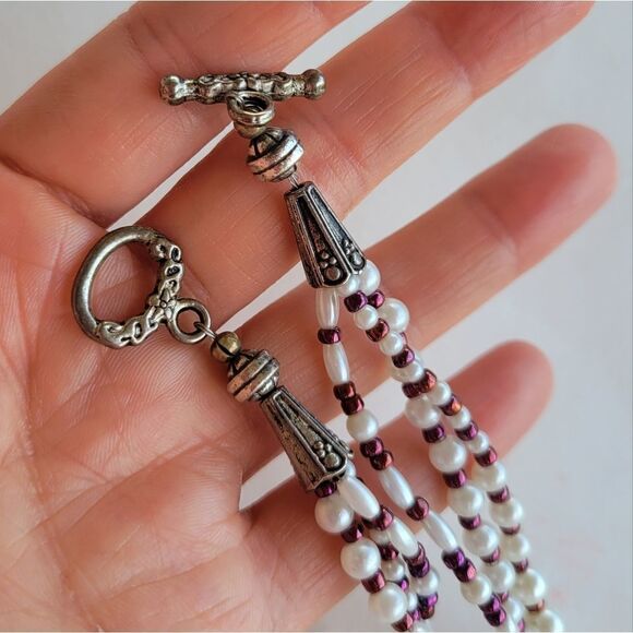 Vintage Metallic Rose and ivory 3-Strand Bead Handmade  Necklaces. - Picture 8 of 12